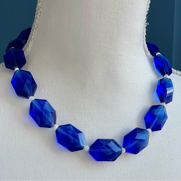 Chunky Faceted Oval Blue Glass Mother Of Pearl Bead Spacer 925 Clasp Necklace - Picture 7 of 14
